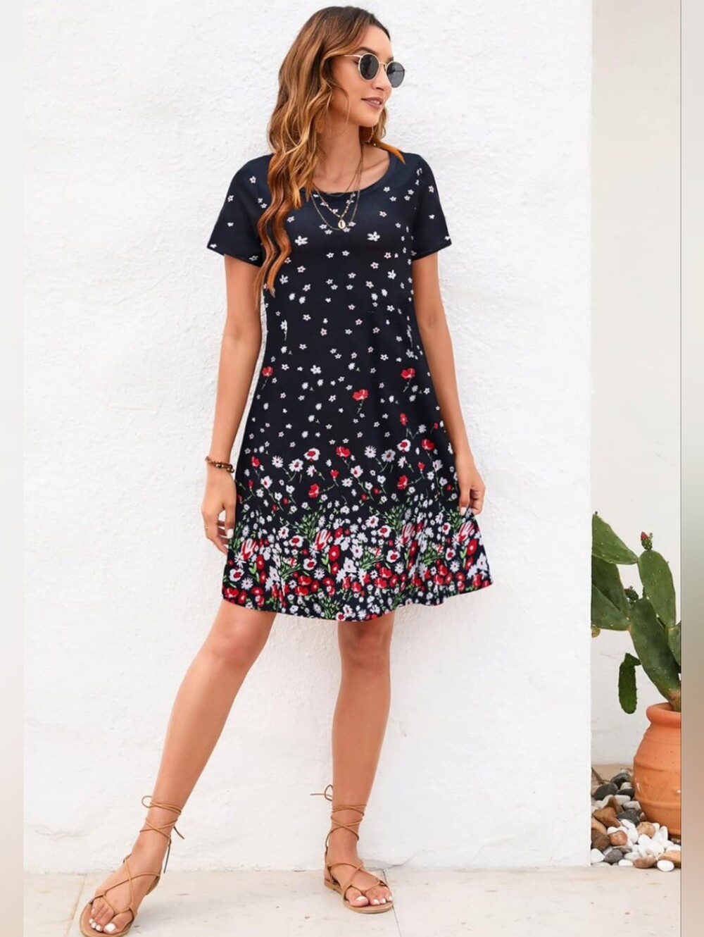 Sherosa Floral Beach Boho Sundress Short Sleeve Loose Casual Size Large New